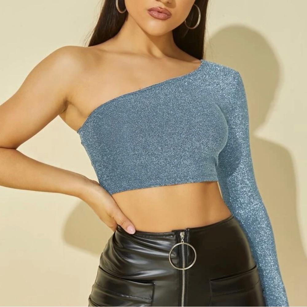 One Sleeve Blue Glitter Crop Top